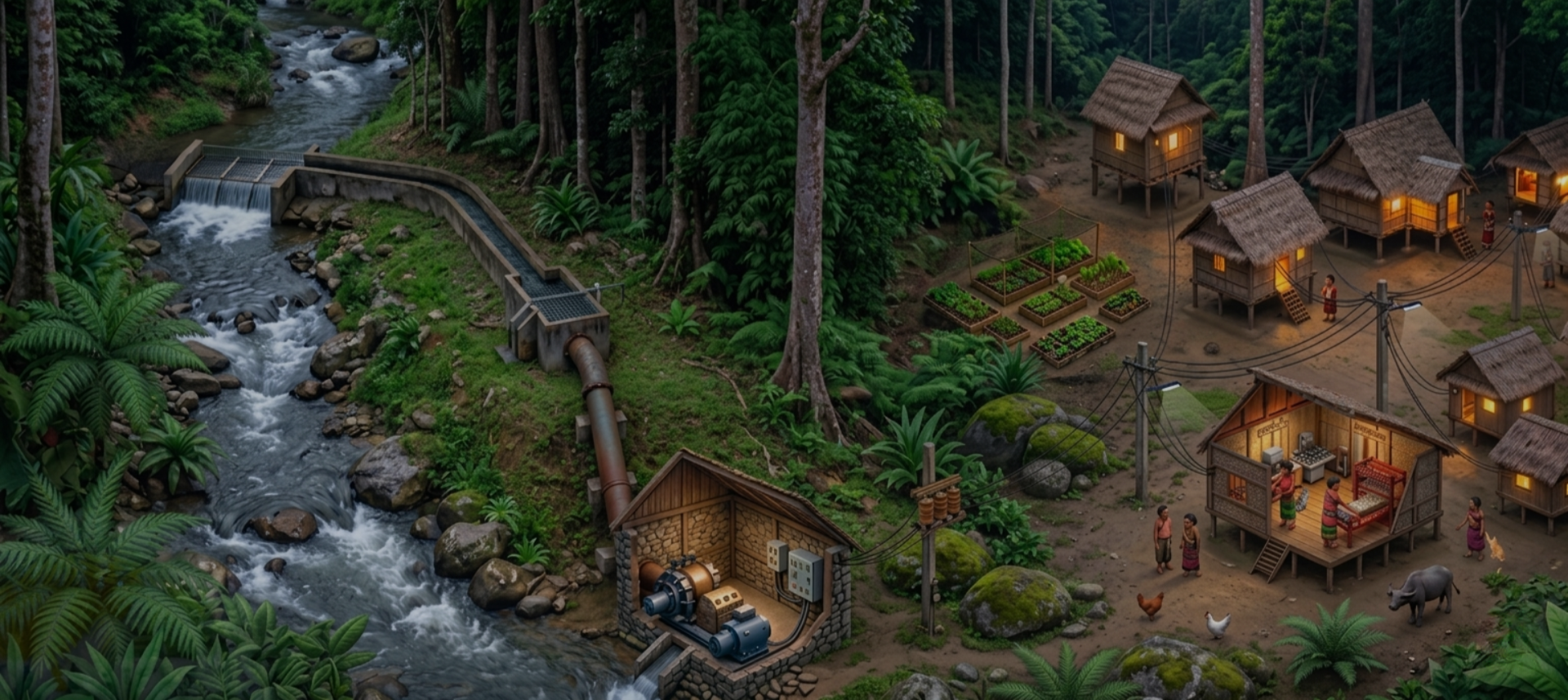 Run-of-river micro-hydropower system showing the weir, canal, tank, penstock, powerhouse, distribution line, livelihood areas, and community households